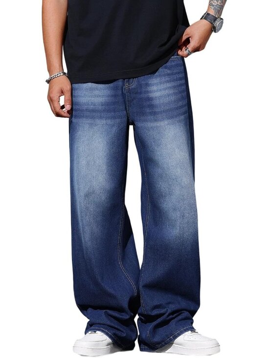 Denim - Men's Dark Blue Wide Leg Loose Fit Hip Hop Streetwear Denim Pants Baggy Jeans